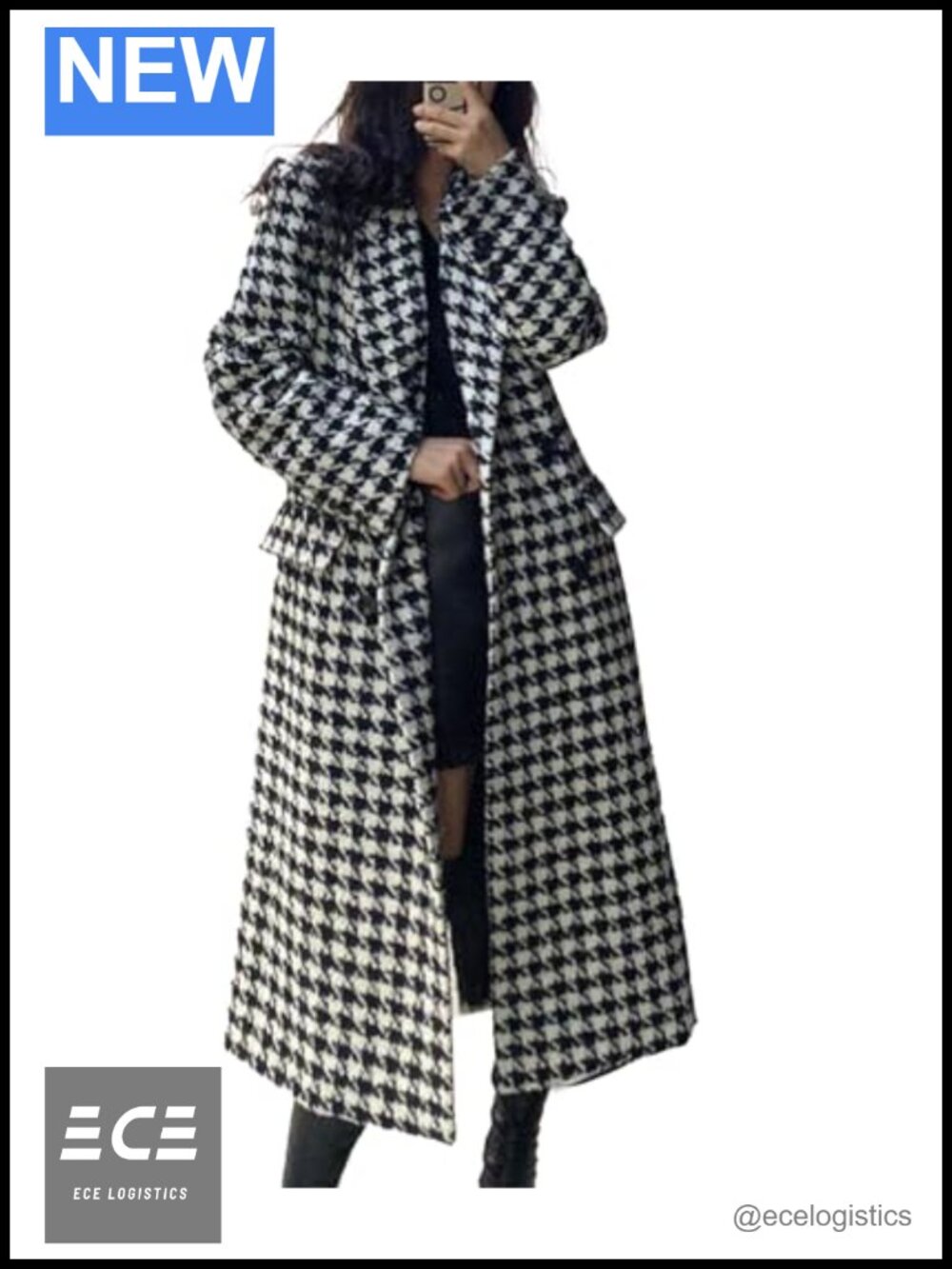 Houndstooth Double Breasted Trench Coat Quilted Lined Wool Blend Pea Coat